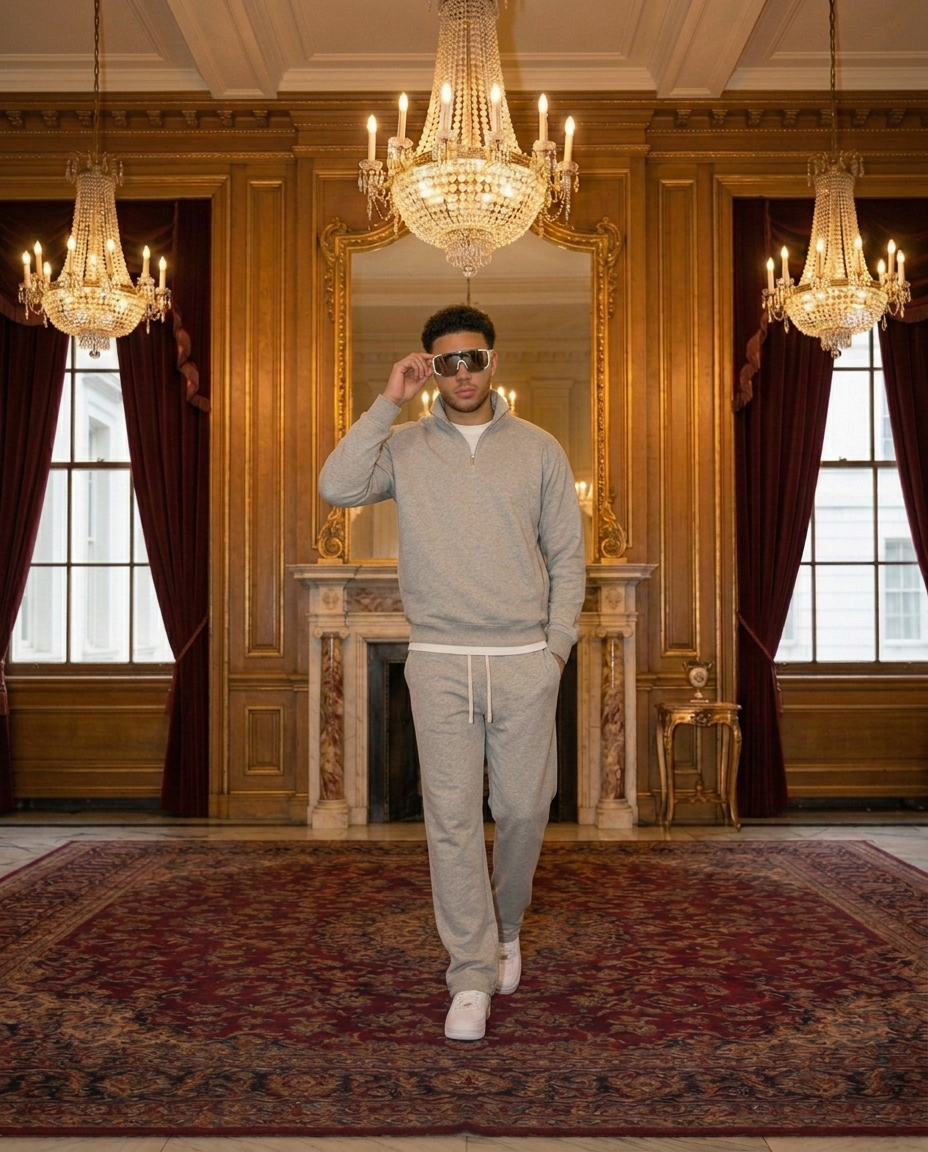 R3 Old Money Tracksuit Oatmeal Grey with Ibiza Shield Sunglasses White Silver Mirror, grand salon