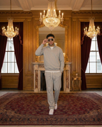 R3 Old Money Tracksuit Oatmeal Grey with Ibiza Shield Sunglasses White Silver Mirror, grand salon