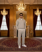R3 Old Money Tracksuit Oatmeal Grey with Ibiza Shield Sunglasses, grand salon