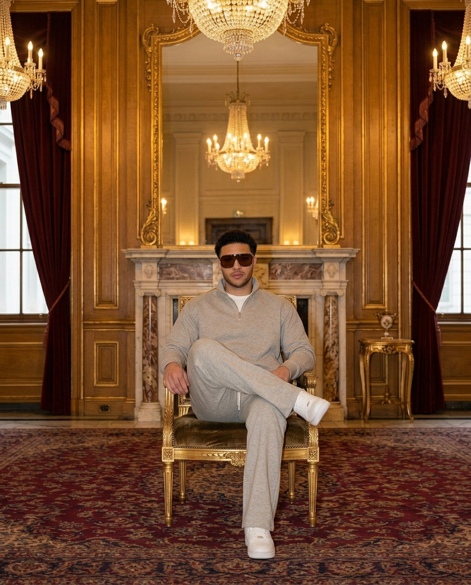 R3 Old Money Tracksuit Oatmeal Grey with Mayfair Sunglasses in Brown, grand salon