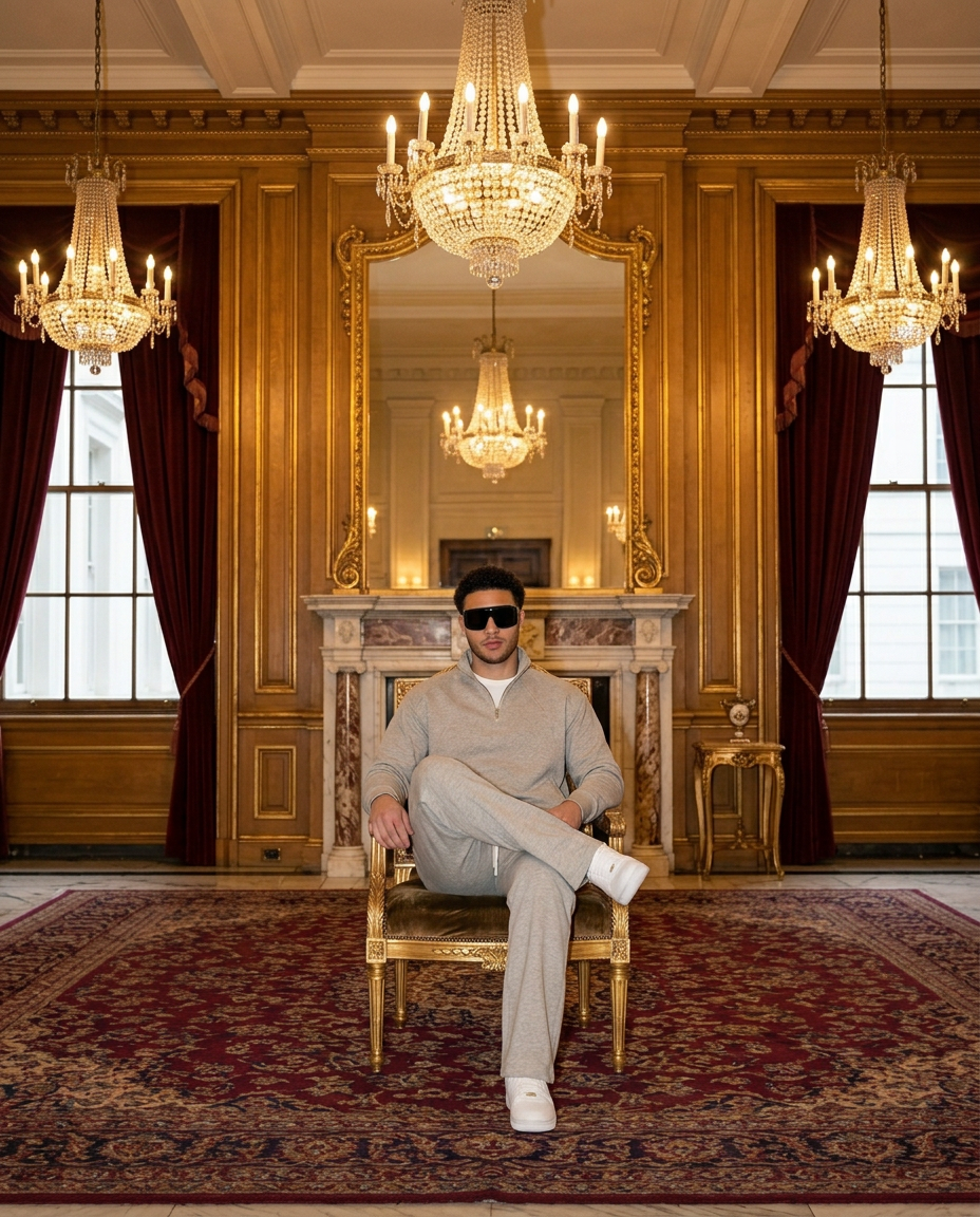 R3 Old Money Tracksuit Oatmeal Grey with Mayfair Sunglasses, grand salon