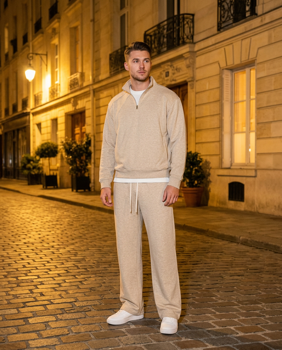 R3 Old Money Tracksuit Sand worn